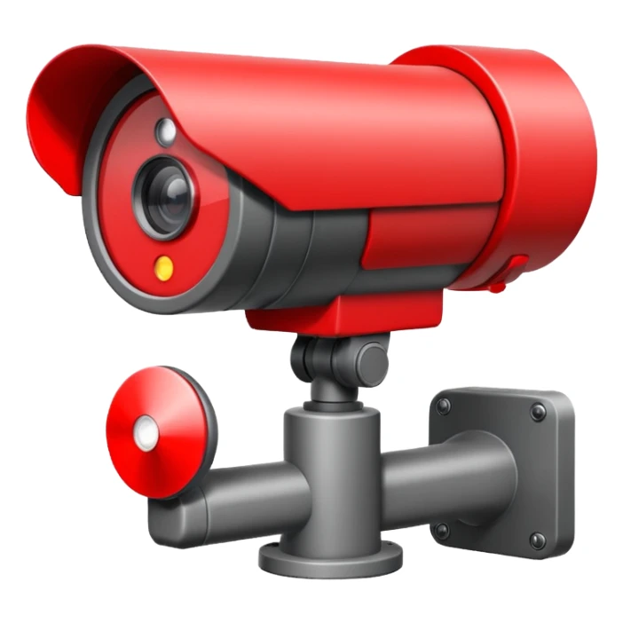 Minimalist emoji-style sticker of a CCTV camera with a glowing red record light, facing forward. Flat icon, grayscale with small red accent.
 sticker