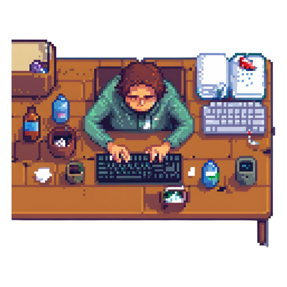 A programmer slumped over a keyboard, tissues and medicine nearby, looking unwell, pixel art style sticker