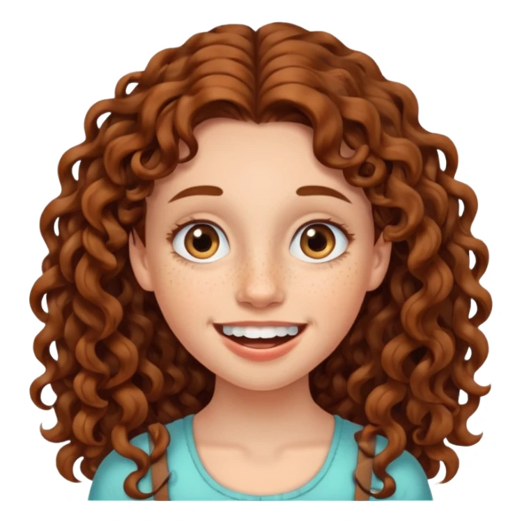 create a frontend girl that has an oval face and very very long brown curly hair and has bracesin her teeth and white sticker