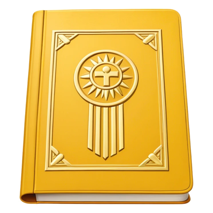 A golden yellow book with white accents, smooth and polished, embossed with a symbol of six pillars, a sun, or a glowing mirror, radiating strength, confidence, and the power of self-worth.  sticker