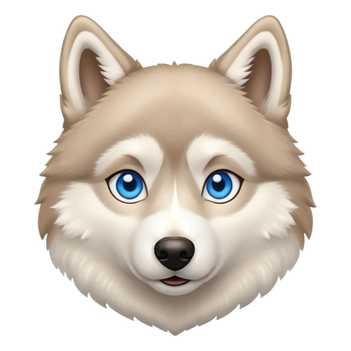 Beige husky with blue eyes and a brown heart sticker