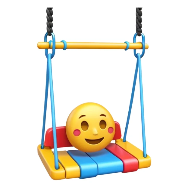 iOS-style 3D emoji: a colorful plastic swing with a safety bar in front, hanging from two ropes, glossy surface and soft shadows sticker