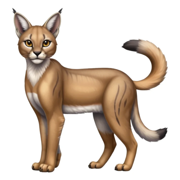 Realistic patterned marked edgy greyish blackish whitish silvery Shiny Colorful Glossy Caracal-Lioness-Bobcat-fusion-animal-hybrid-creature, full body, tufted ears, long thin tufted tail sticker