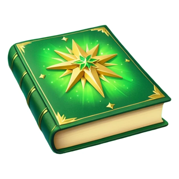 A **green, glowing book** with **golden edges**, floating with **sparkles and magical wisps** around it. The cover features a **golden starburst sigil**, symbolizing charm and radiance. ✨📖 sticker