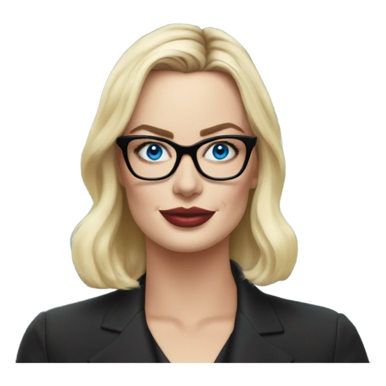 Real margot robbie secretary,  bright blue eyes, wearing black glasses  sticker
