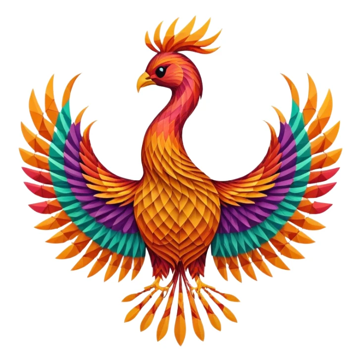String art icon, large colorful phoenix bird in frontal view, intricate geometric patterns with threads, vibrant colors, minimalistic style, clean lines, transparent background. sticker