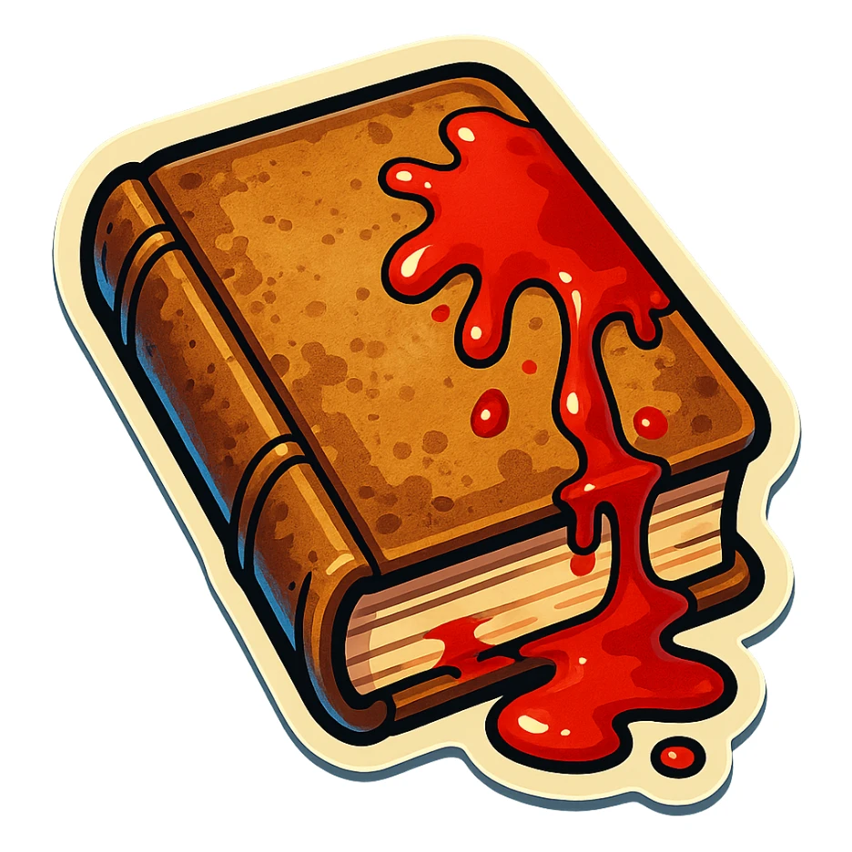 old book with blood, sharp black outlines, no gradients or smooth color transitions, clear shadows and highlights, retro stickers style sticker