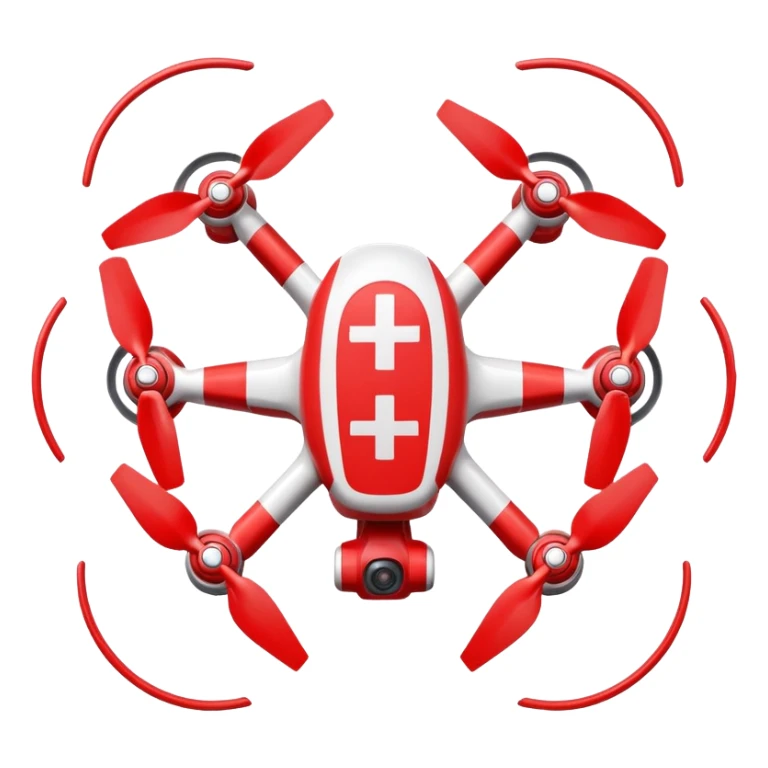 Rescue drone sticker, emergency quadcopter with medical cross symbol, red and white color, simple flat vector style, bold outline, transparent background sticker