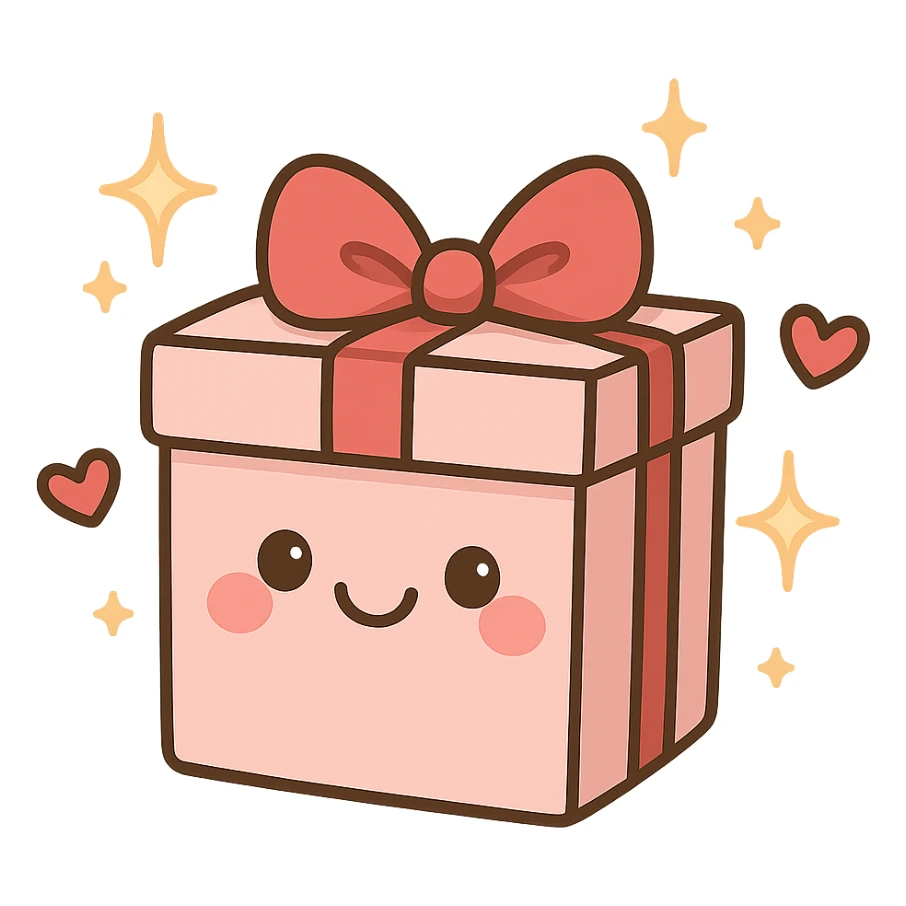 cute gift box with sparkling stars and hearts, smiling wrapping paper, remove background sticker