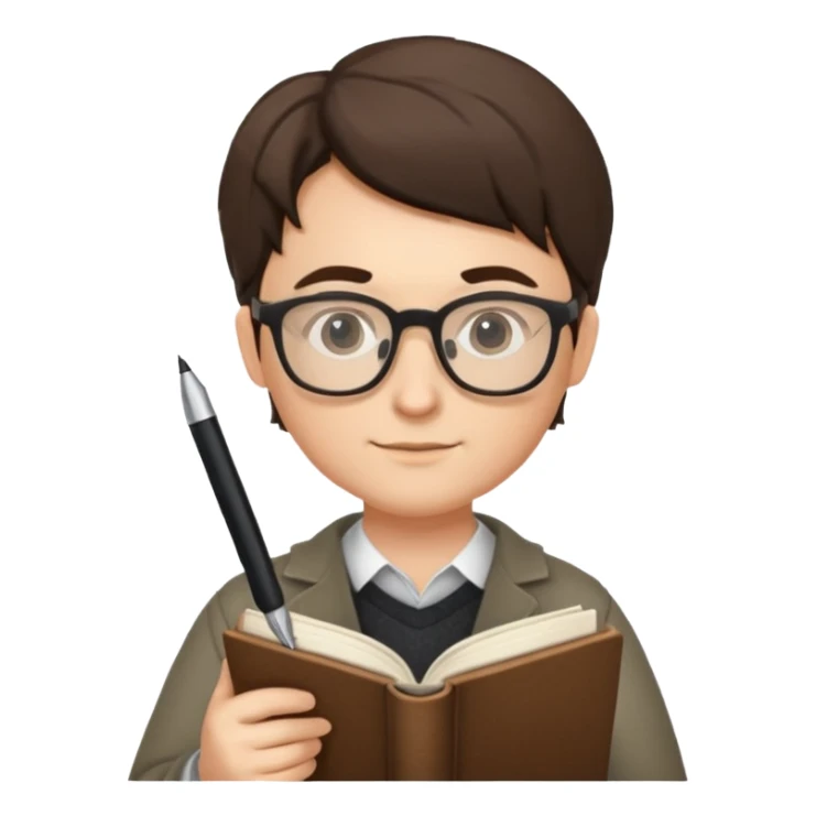writer holding pen and book, wearing glasses sticker