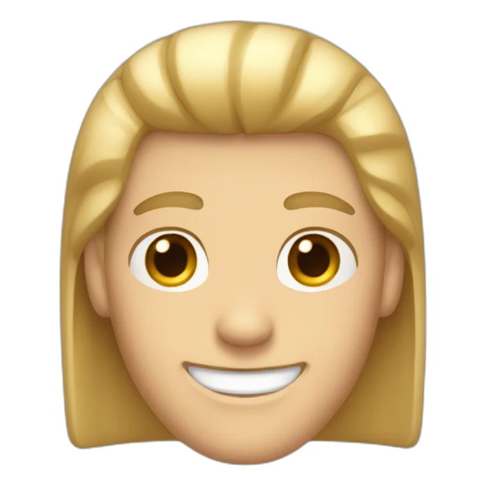White guy with half long brow hair and a large smile sticker