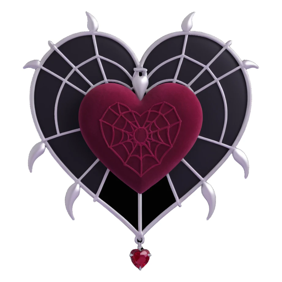 gothic heart, dark crimson velvet texture, silver spiderweb brooch, black feather accents, moody and rich sticker
