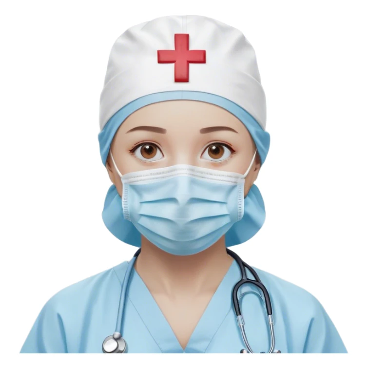 "A minimalistic bust of a surgeon wearing a light blue surgical cap and mask, covering the lower half of the face. The eyes are simple yet expressive, conveying focus and professionalism. The figure is dressed in a smooth, clean surgical gown with a small red cross emblem on the chest. A thin, simplified stethoscope drapes around the neck. The background features a subtle, abstract medical symbol like a heartbeat line or a small scalpel icon. The design is sleek and modern, with smooth lines and soft shading, following a minimalist emoji style sticker