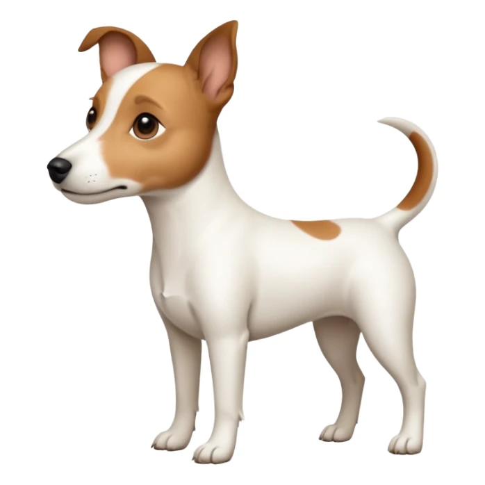 a full body white jack russel looking dog the size of a kelpie with light brown ears and a light brown patch on one eye and a large snout sticker