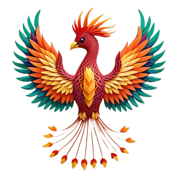 String art icon, colorful threads forming a detailed, vibrant phoenix (firebird) in front view, intricate patterns, pins on a board, minimalistic style, clean lines, transparent background. sticker