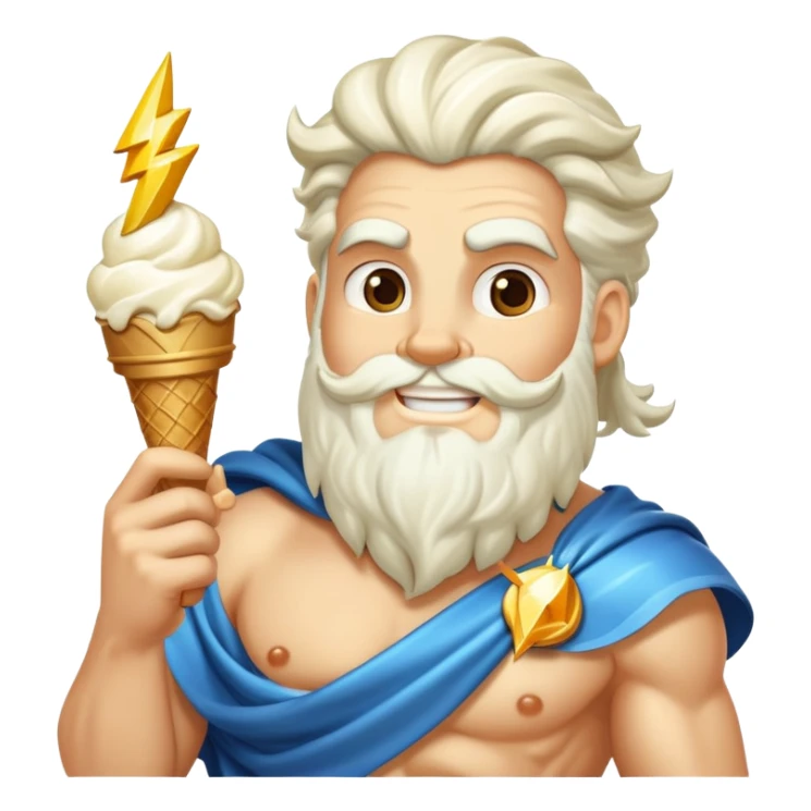 smiling Zeus with white ice cream and lightning bolt sticker
