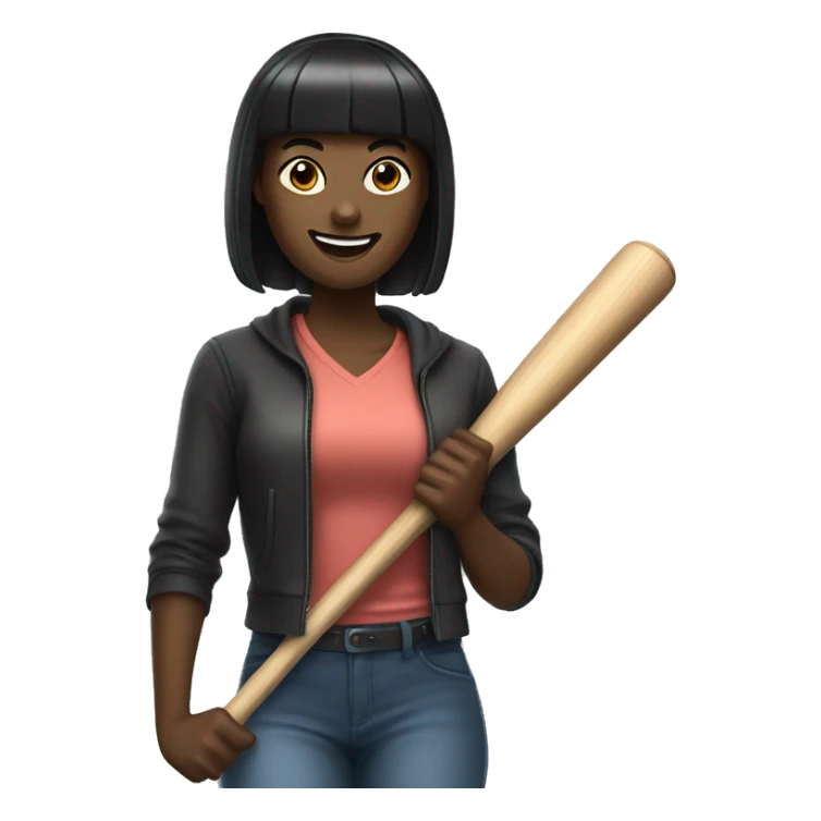 Woman with full bangs, smiling, black hair, holding a baseball bat sticker