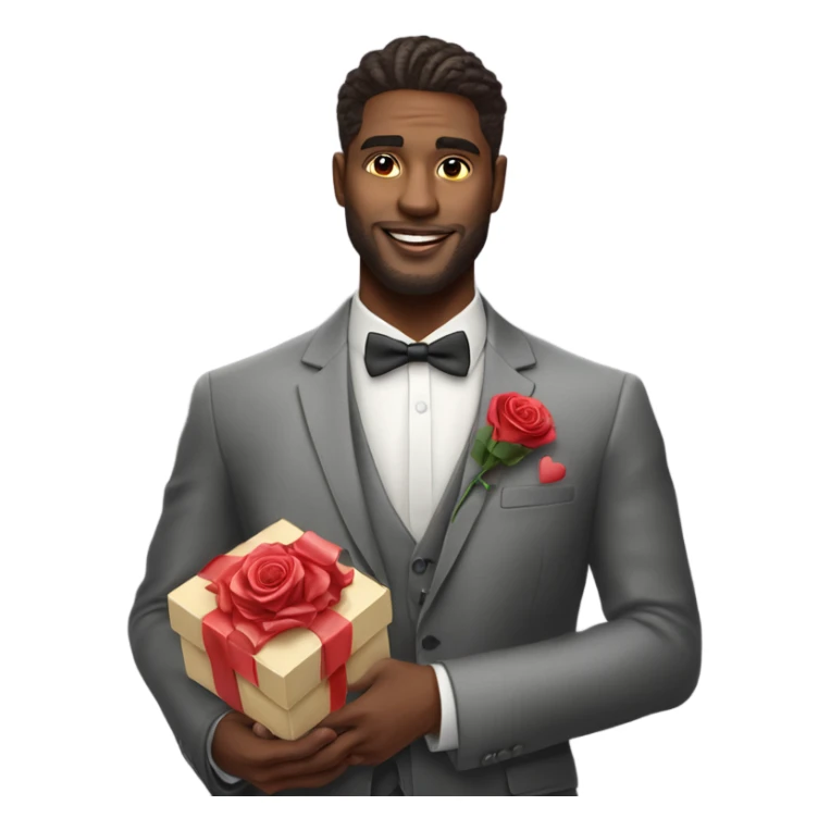 Hyper Realistic handsome man in suit holding roses and a heart shaped gift box sticker