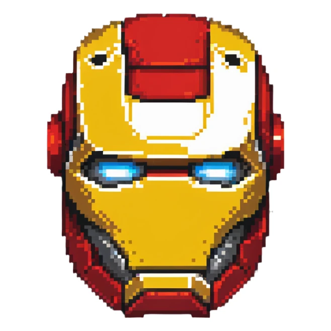 Iron Man face helmet in pixel art style, red and gold superhero mask sticker