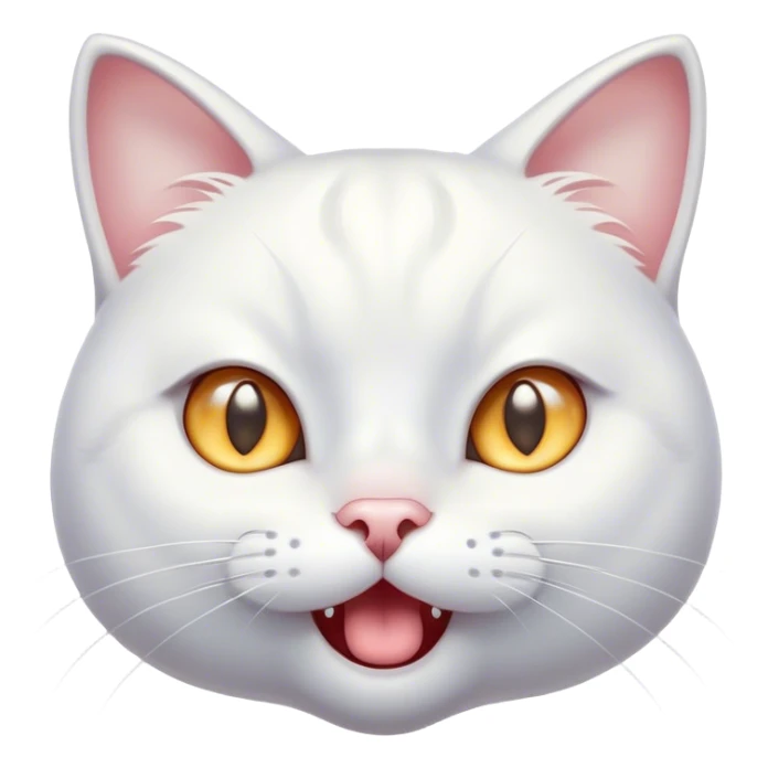 Cinematic Comical White Cat Portrait Emoji, Head tilted in an exaggerated, surprised manner with wide, sparkling eyes, showcasing a pristine white fur with subtle hints of silver and an animated, goofy expression, simplified yet whimsically detailed, glowing with a playful, bright radiance, high shine, exuding a lighthearted and comical charm, styled with a soft glowing outline, capturing the essence of a white cat that looks ready to prance comically off the screen! sticker
