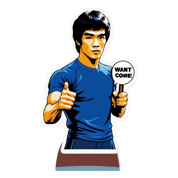 Bruce Lee holds a sign that say WANT SOME COME GET SOME sticker