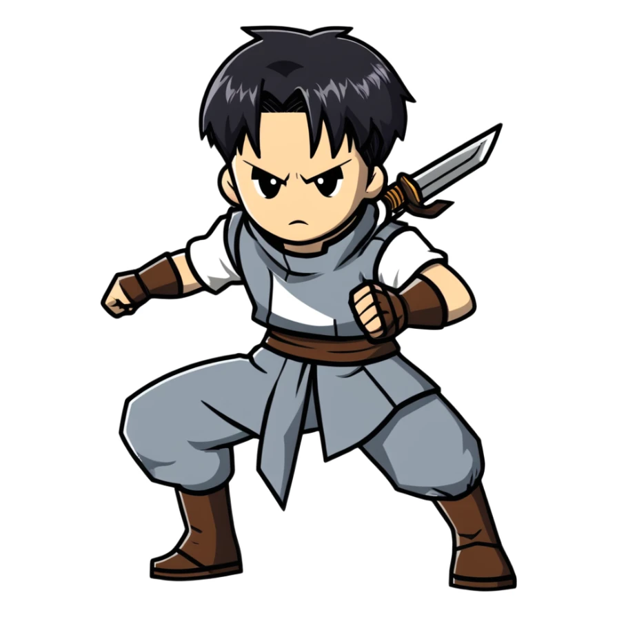Levi Ackerman from Attack on Titan in battle stance with ODM gear, black undercut hair, serious expression sticker