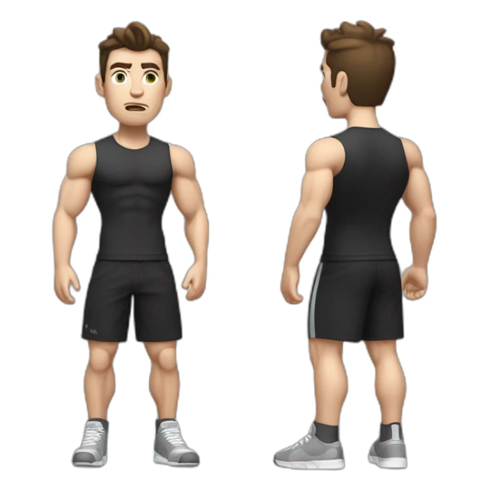 Confused Pale skinned Fit Man With the biceps and dark brown hair in black shirt, gray sports shorts and white Sneakers sticker