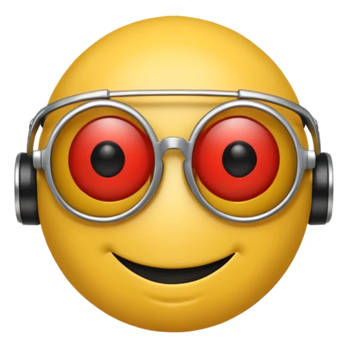 Yellow smiley face head with sunglasses, but the right eye is a red robot eye sticker