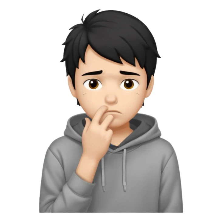 generate a pretty bratz fair skinned boy with messy black hair in a grey hoodie looking sad and bored with hand on chin sticker