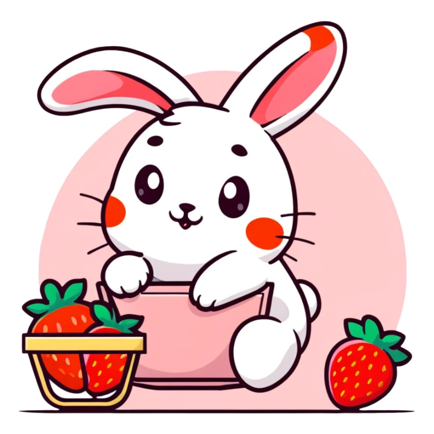 bunny picking strawberries in the woods, sweet pastel red sticker