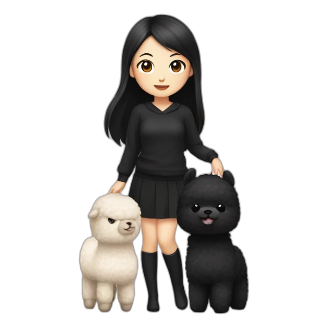 cute asian girl with black hair with black clothes holding an alpaca sticker
