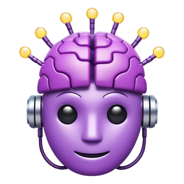 3D emoji icon of a purple circuit-patterned brain, small robot head with antennas on top, glowing binary ring, clean white background, minimalist tech style." sticker