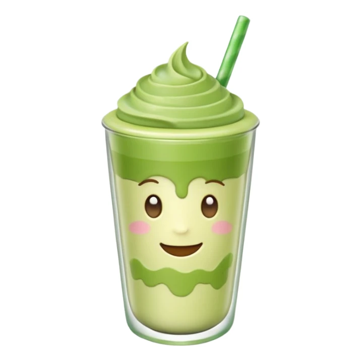 Emoji glossy 3D de un vaso de matcha latte, vaso de vidrio transparente con matcha espumoso verde pastel, capas suaves de leche y matcha, brillo intenso tipo sticker, sombras delicadas, fondo transparente, estilo cute moderno, alta calidad sticker