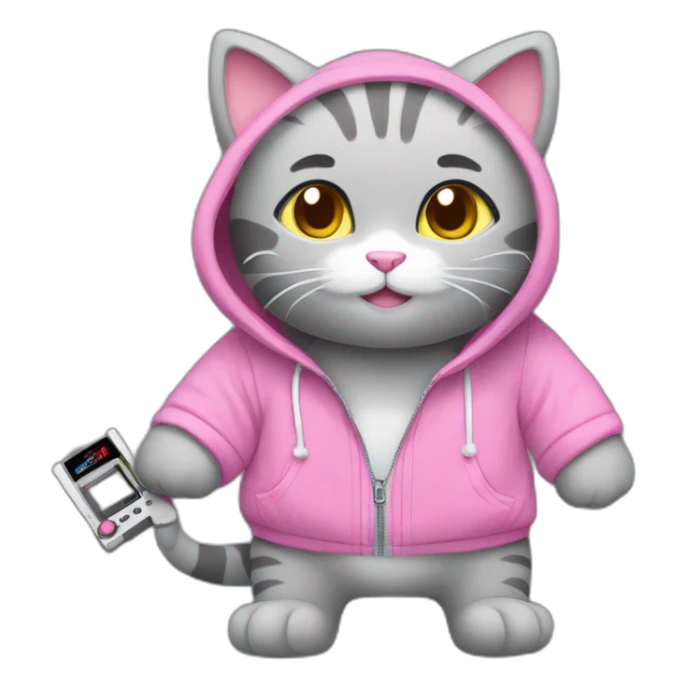 Cute gray stuffed cat playing with Nintendo Switch. This cat has a pink hoodie sticker