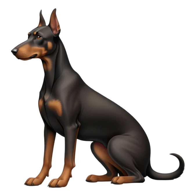 cinematic-[doberman]-realistic-full-body-sitting-emoji,-tail-resting-loosely-beside-its-paws,-head-tilted-dramatically, -sleek-[black and tan]-fur,-simplified-yet-realistic-focused-features,-highly-detailed,-glowing-with-an-almost-sarcastic-glow sticker
