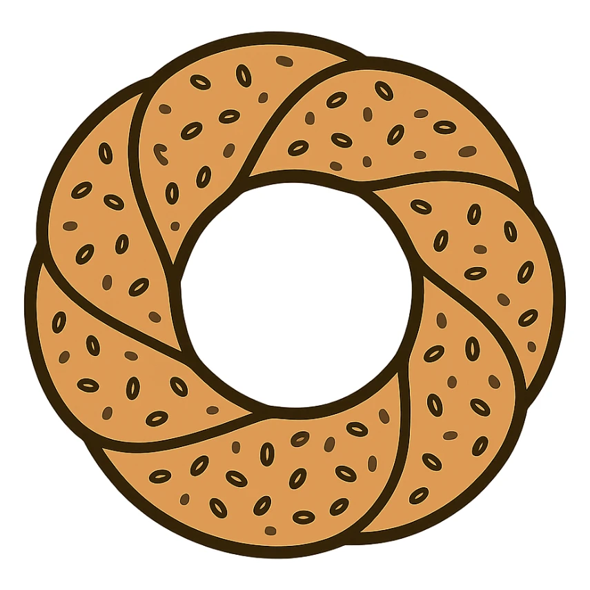 flat icon simit bread, top-down view, golden brown with sesame texture, bold outline, minimalistic sticker