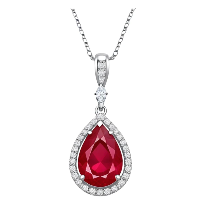 teardrop-shaped ruby pendant cradled in a delicate silver chain, haloed by shimmering white stones sticker