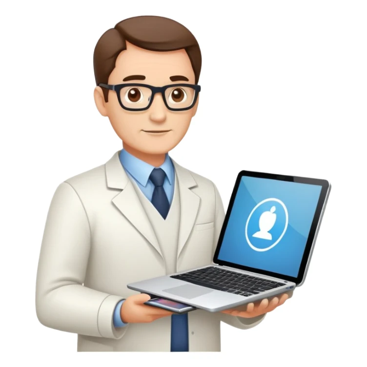 Middle IT Specialist with laptop and tablet, confident pose, moderately experienced face, showing mid-level technical skills sticker