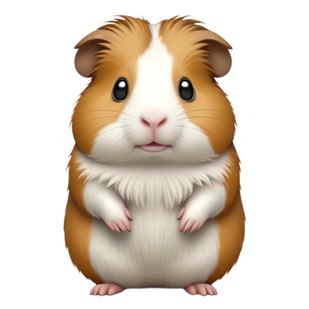 cinematic-[guinea pig]-realistic-full- long elongated body-standing-emoji,-tiny-paws-tucked-close,-head-tilted-dramatically,-fluffy-[brown and white]-fur,-simplified-yet-realistic-focused-features,-highly-detailed,-glowing-with-an-almost-sarcastic-glow sticker