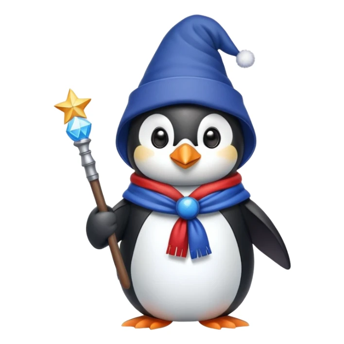 Penguin wizard wearing ushanka hat and holding magic wand with Russian flag colors sticker