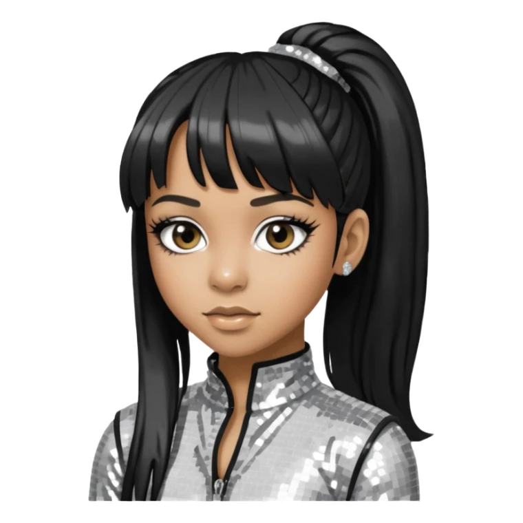 Left Eye from TLC with long black ponytail hair, silver sequin outfit sticker