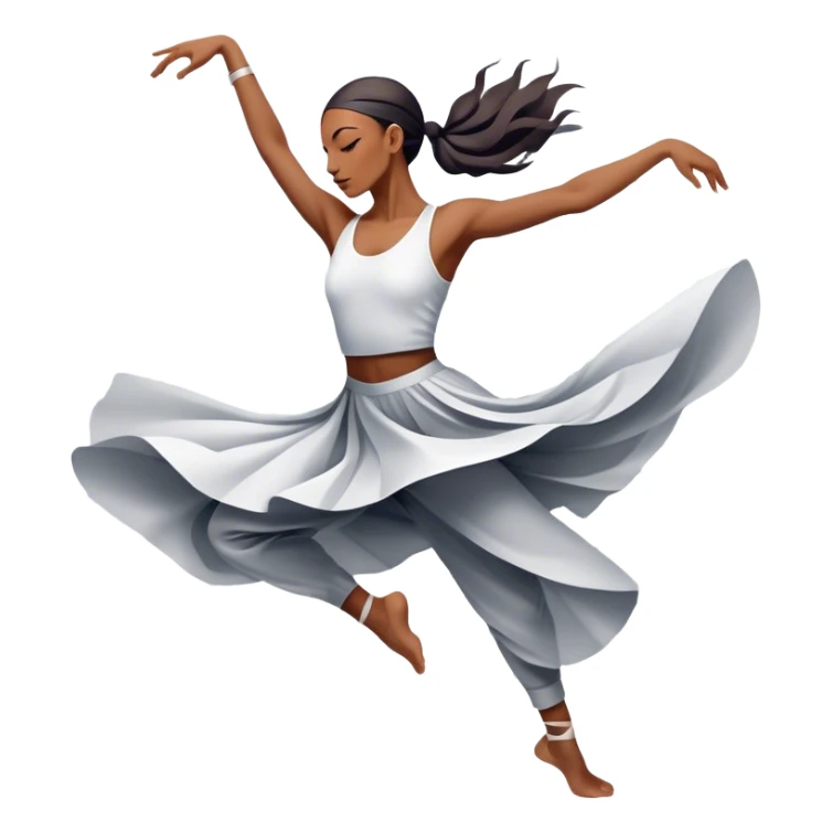 Icon for Contemporary Dance: a dancer in dynamic motion, wearing comfortable attire, with abstract shapes and movement lines in the background. The icon should represent the expressive and creative nature of contemporary dance. Transparent background. sticker