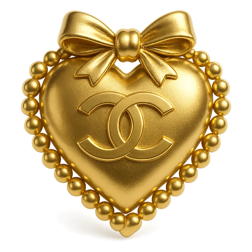 Chanel heart in metallic gold style with a bow and pearls, feminine and elegant sticker