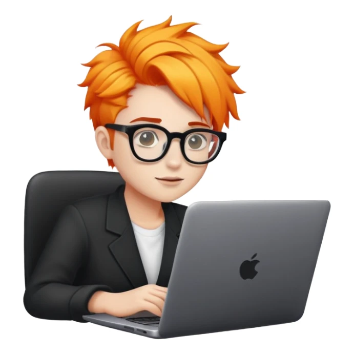 young freelancer with bright hairdo and glasses with thick black frames works on laptop sticker