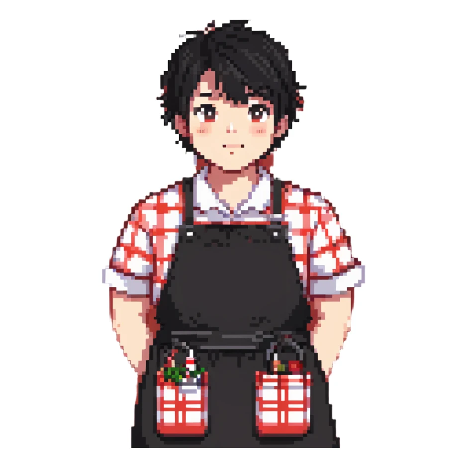 chubby boy with black hair styled upward in front, wearing a red and white checkered plaid apron sticker
