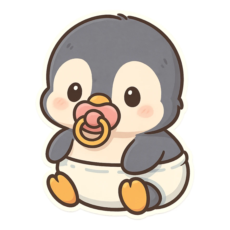 baby penguin in a diaper, holding a pacifier in its beak, adorable and soft look sticker