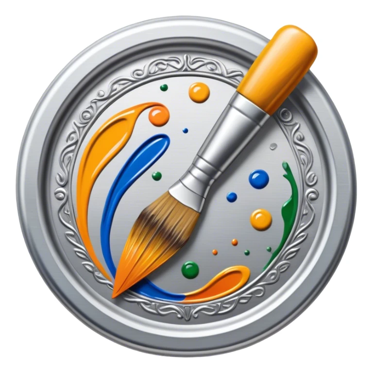 Metal painting icon, intricate hand-painted metal surface with detailed patterns, visible paintbrush, metal tools, vibrant enamel or acrylic paints, finished artwork and the painting process, minimalistic style, clean lines, transparent background. sticker