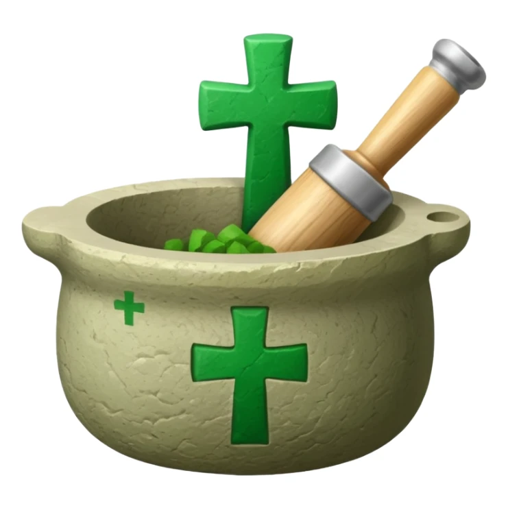 mortar with pestle, with green cross on mortar sticker