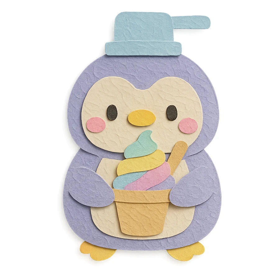 chibi ice cream maker-penguin hybrid, fluffy, making pastel rainbow ice cream, pastel colors, full-body sticker
