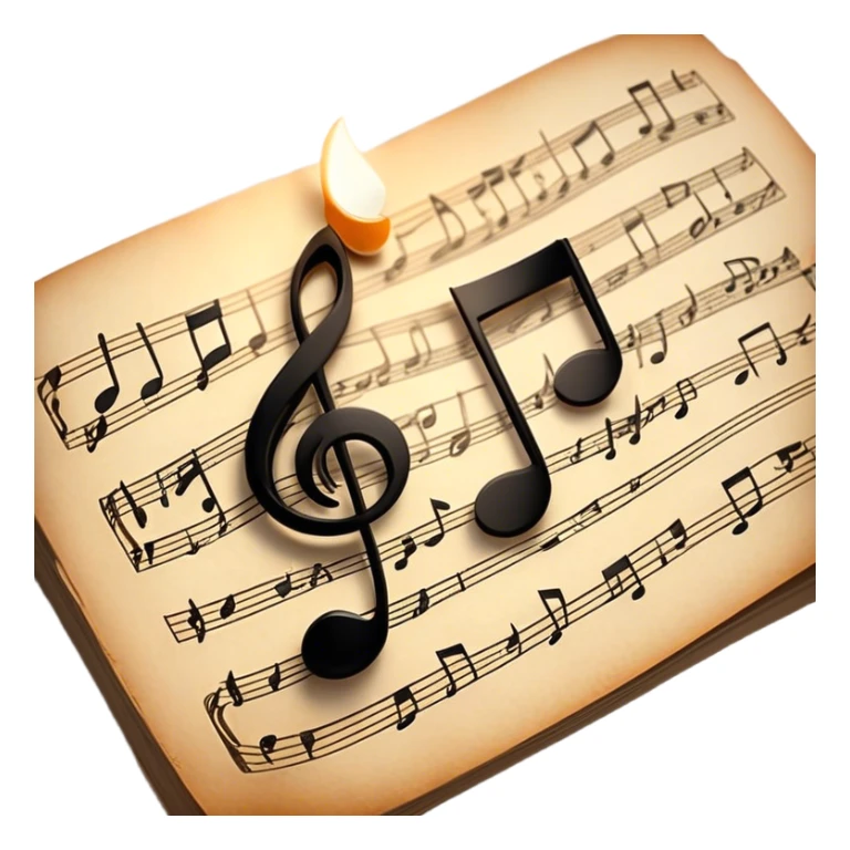 Cinematic Realistic Music Notes, crisp black ink on vintage sheet music, slightly curled edges, soft candlelight casting subtle shadows, glowing with an artistic and nostalgic charm. sticker